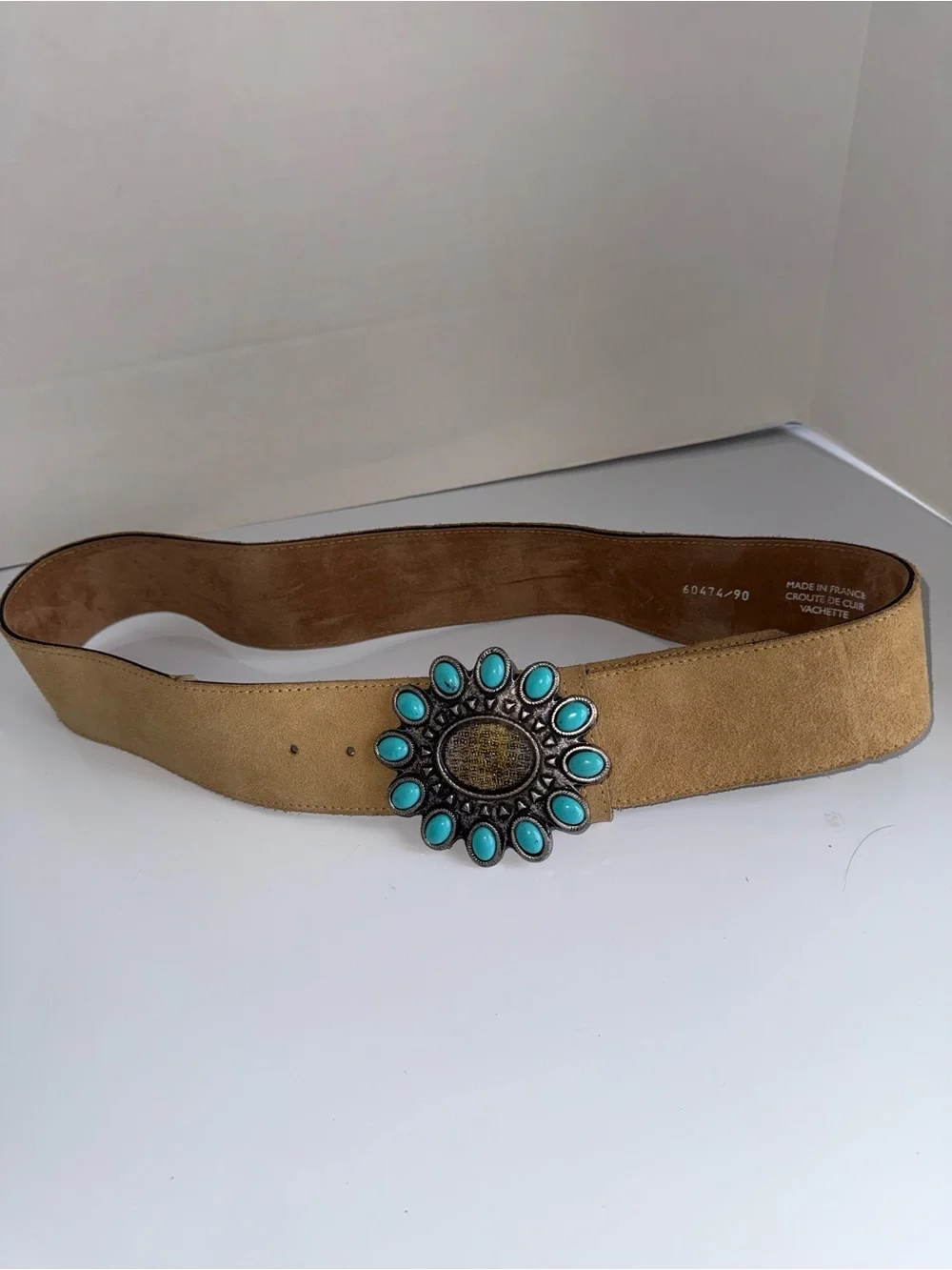 VINTAGE Western Southwest Leather and Turquoise Medallion Rodeo Cowgirl Belt L